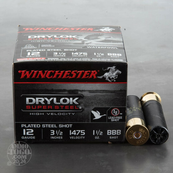 25rds – 12 Gauge Winchester Drylok Super Steel HV 3-1/2" 1-1/2 oz BBB Plated Steel Shot Ammo
