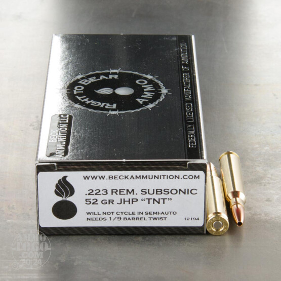 20rds - 223 Right To Bear Subsonic 52gr. JHP TNT Ammo
