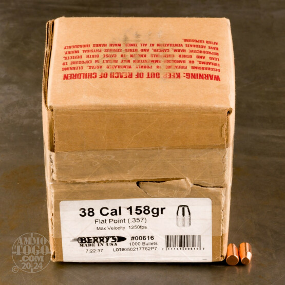 1000pcs - 38 / 357 Cal .357" Dia Berry's 158gr. Plated FP Bullets