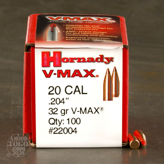 100pcs - 20 Cal .204" Dia Hornady V-Max 32gr. Polymer Tip Bullets