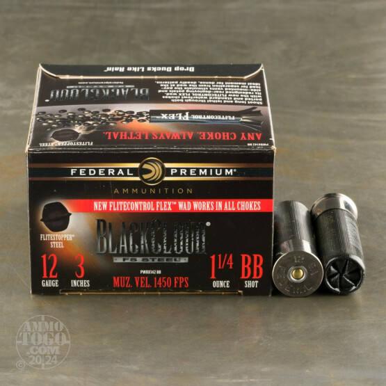 25rds - 12 Gauge Federal Black Cloud Flitestopper 3" 1-1/4oz. BB Steel Shot Ammo