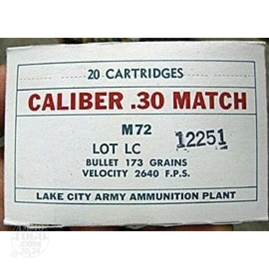 20rds - 30-06 Lake City M72 173gr. Match Ammo