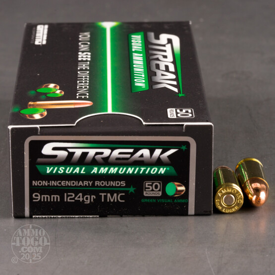 50rds – 9mm Ammo Inc. Streak 124gr. TMJ Non-Incendiary Visual Tracer Ammo