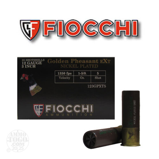 250rds - 12 Gauge Fiocchi 3" 1 5/8oz. #5 Shot Golden Pheasant EXT Nickel Plated