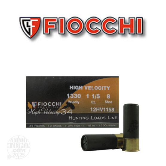 25rds - 12 Gauge Fiocchi High Velocity Hunting 2 3/4" 1 1/5oz. #8 Shot Ammo