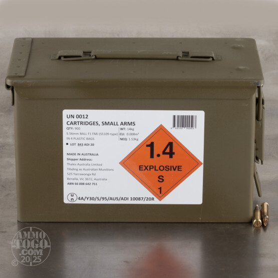 900rds – 5.56x45 Australian Defense Industries 62gr. FMJ F1 Ammo in Ammo Can