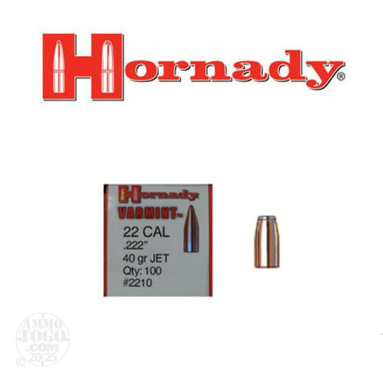 100pcs - 22 Cal .222" Dia Hornady Varmint 40gr. Jet SP Bullets