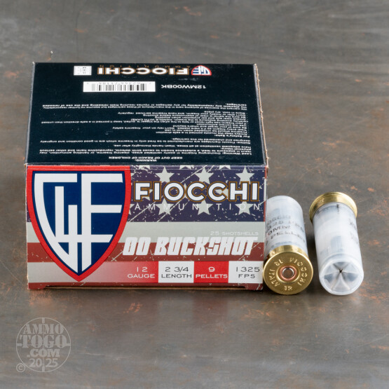 25rds – 12 Gauge Fiocchi 2-3/4" 9 Pellet 00 Buckshot Ammo