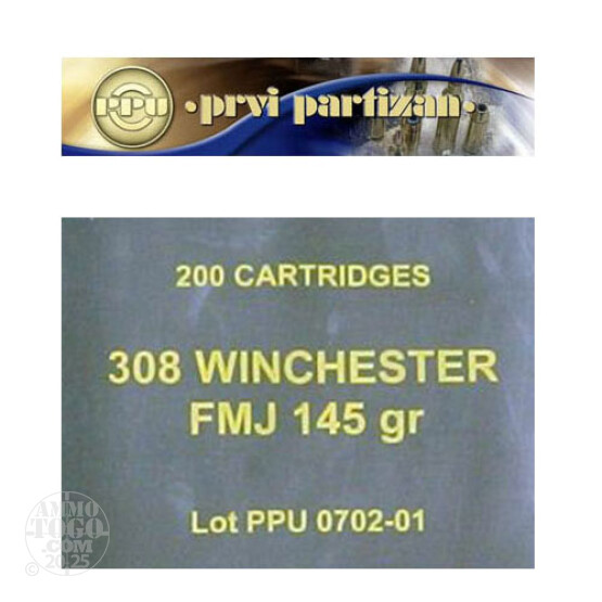 200rds - .308 Prvi Partizan 145gr. FMJ Sealed Military Battle Pack Ammo