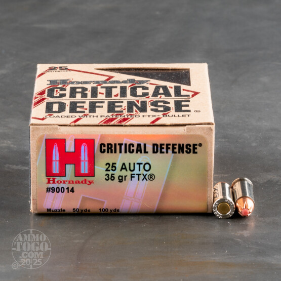 250rds – 25 ACP Hornady Critical Defense 35gr. FTX Ammo