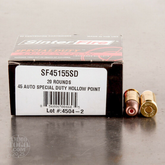 20rds - 45 ACP SinterFire Special Duty 155gr. Frangible HP Ammo