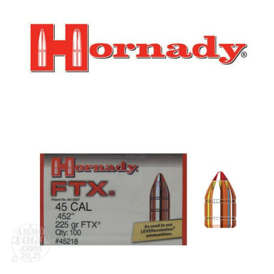 100pcs - 45 Cal .452" Dia Hornady 225gr. FTX Polymer Tip Bullets