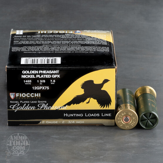 25rds - 12 Gauge Fiocchi 2 3/4" 1 3/8oz. #7 1/2 Shot Golden Pheasant Nickel Plated GPX