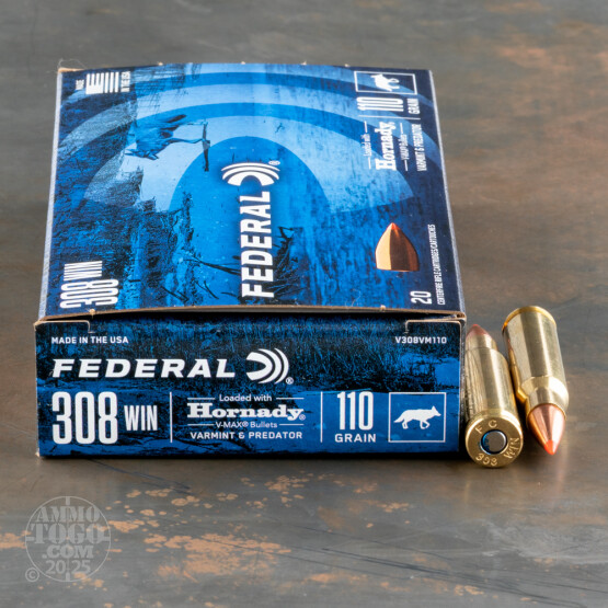 20rds – 308 Win Federal Varmint & Predator 110gr. V-MAX Ammo
