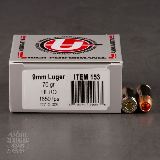 20rds – 9mm Underwood 70gr. HERO Maximum Expansion Ammo