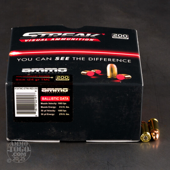 200rds – 9mm Ammo Inc. Streak 124gr. TMJ Non-Incendiary Visual Tracer Ammo