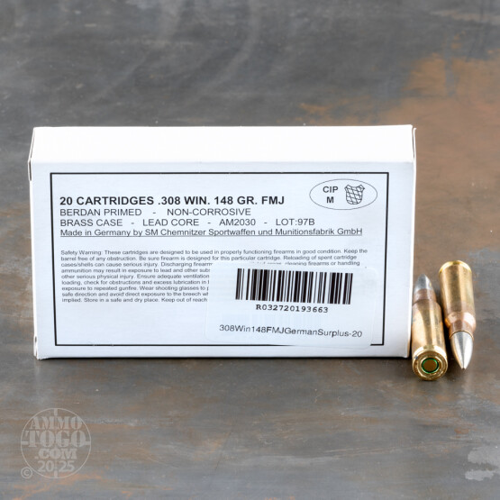 20rds – 308 Win German Military Surplus 148gr. FMJ Ammo