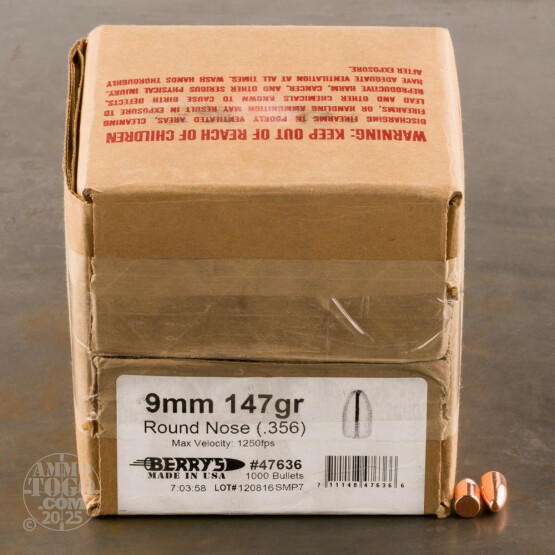 1000pcs - 9mm .356" Dia Berry's 147gr. Plated RN Bullets