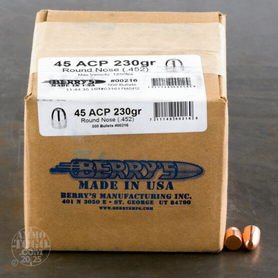 500pcs - 45 ACP .452" Dia Berry's 230gr. Plated RN Bullets