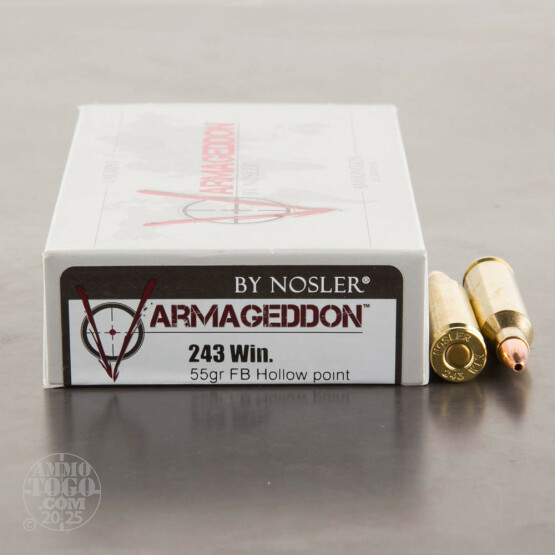 20rds - 243 Win Nosler Varmageddon 55gr. Flat Base Hollow Point Ammo