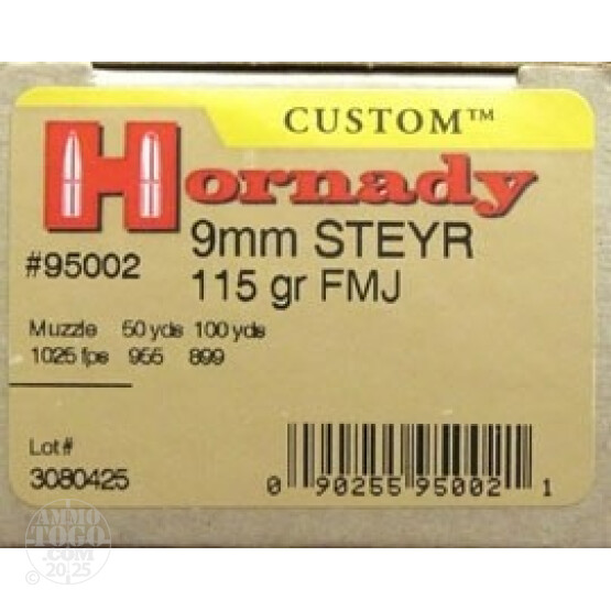 25rds - 9mm  Steyr Hornady Custom 115gr. FMJ Ammo