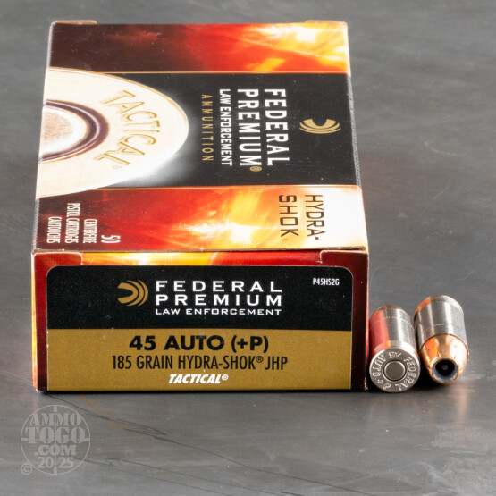 50rds – 45 ACP +P Federal LE Tactical 185gr. Hydra-Shok JHP Ammo