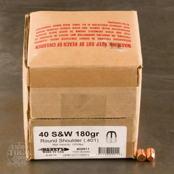 1000pcs - 40 S&W / 10mm  .401" Dia Berry's 180gr. Plated Round Shoulder FP Bullets