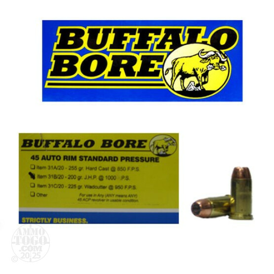 20rds - 45 Auto Rim Buffalo Bore Standard Pressure 200gr. JHP Ammo