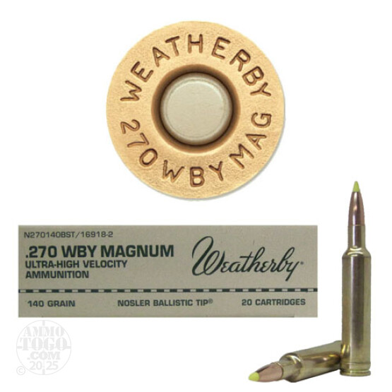 20rds - 270 Weatherby Mag. 140gr. Nosler Ballistic Tip Ammo