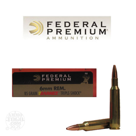 20rd- 6mm Rem. Federal Vital-Shok 85gr. Barnes HP Ammo