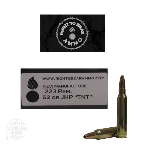 20rds - 223 Right To Bear 52gr JHP TNT Ammo