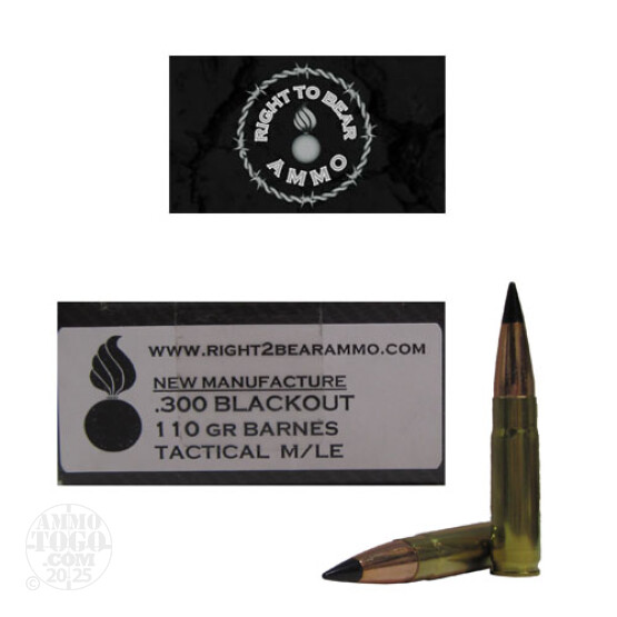 200rds - 300 AAC BLACKOUT Right To Bear 110gr. Tactical M/LE Ammo