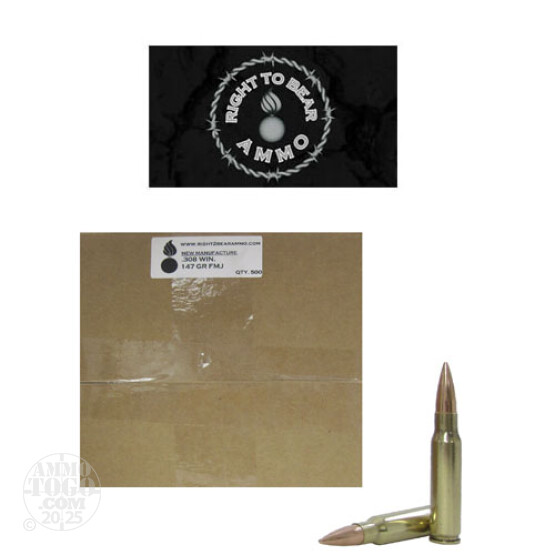 1000rds - 308 Win. Right To Bear 147gr. FMJ Ammo Bulk Pack