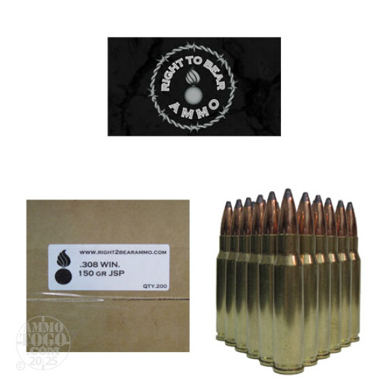 200rds - 308 Win. Right To Bear 150gr. JSP Ammo