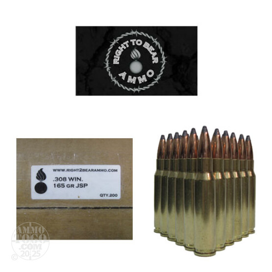 200rds - 308 Win. Right To Bear 165gr. JSP Ammo