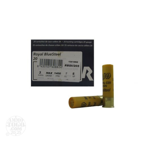25rds - 20 Gauge Rio Royal BlueSteel 3" Max Dram 1oz. #5 Steel Shot Ammo