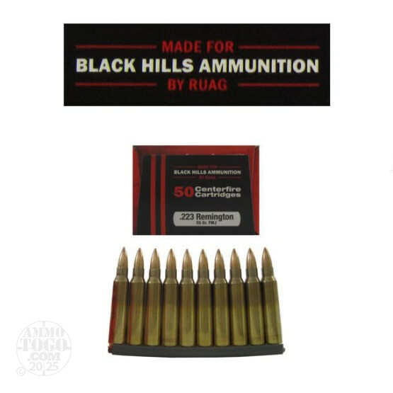 50rds - 223 Rem Black Hills/Ruag 55gr. FMJ Ammo