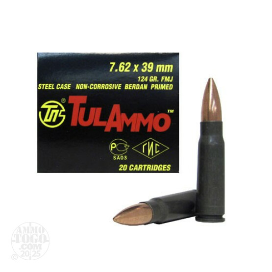 20rds - 7.62x39 Tula 124gr. FMJ Ammo