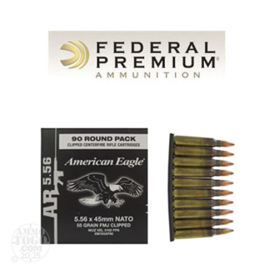 90rds - 5.56 Federal American Eagle XM193 55gr. FMJ Ammo on Stripper Clips