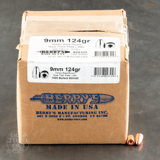 1000pcs - 9mm .356" Dia Berry's 124gr. Thick-Plated HB-RN Bullets