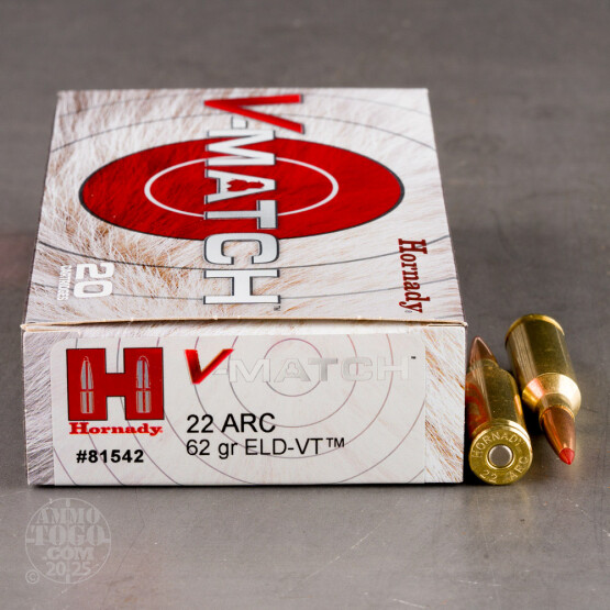 20rds – 22 ARC Hornady V-Match 62gr. ELD-VT Ammo