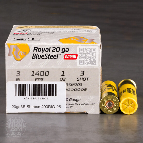 250rds - 20 Gauge Rio Royal BlueSteel 3" Max Dram 1oz. #3 Steel Shot Ammo