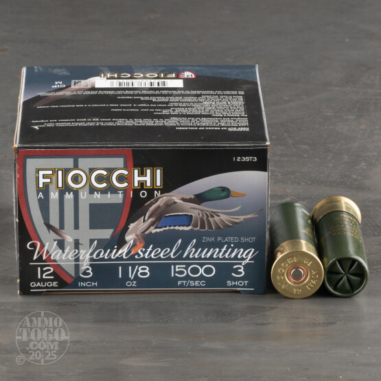 25rds - 12 Gauge Fiocchi Waterfowl 3" 1-1/8oz. #3 Steel Shot Ammo