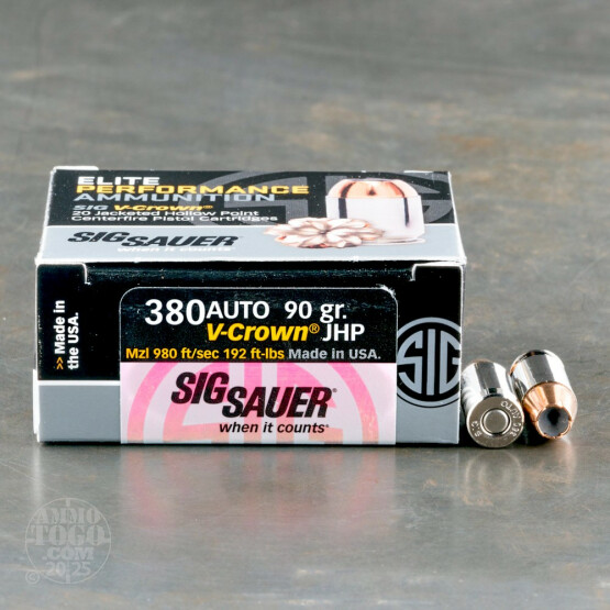 20rds - 380 ACP Sig-Sauer Elite Performance Ammunition 90gr. V-Crown JHP Ammo