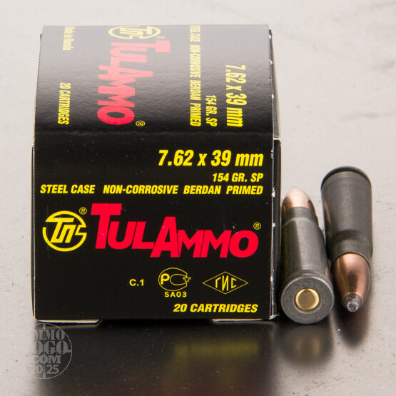 20rds - 7.62x39 Tula 154gr. Soft Point Ammo
