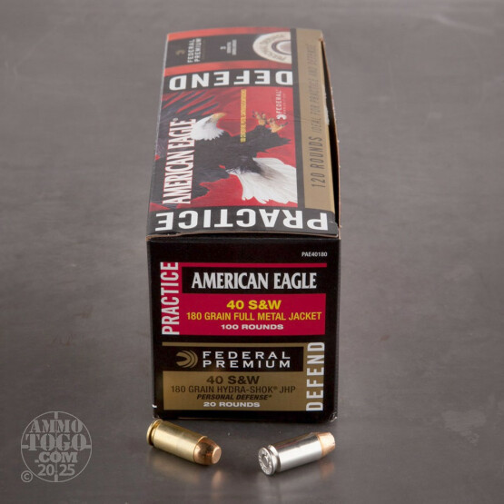 120rds - 40 S&W Federal American Eagle 180gr. FMJ + Hydra-Shok JHP Ammo