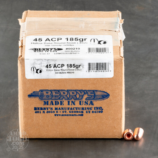 250pcs - 45 Cal .452" Dia Berry's 185gr. Plated HB-RN  Bullets