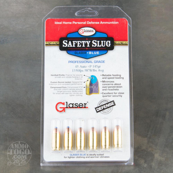 6rds - 45 ACP Glaser Blue Safety Slug 145gr. +P Ammo
