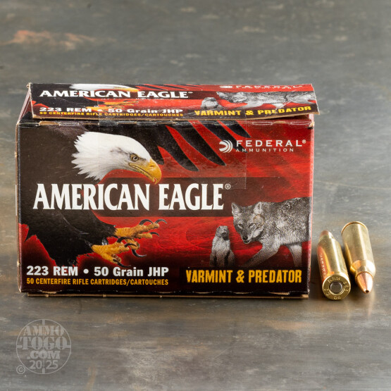 250rds – 223 Rem Federal American Eagle Varmint & Predator 50gr. JHP Ammo