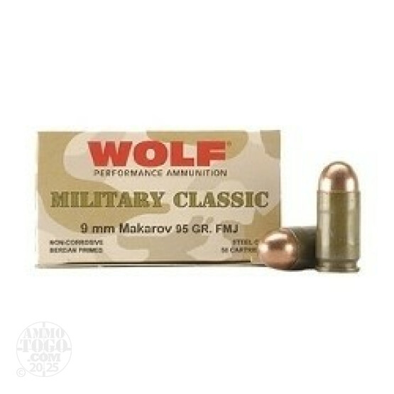 50rds - 9x18 Makarov WPA Military Classic 95gr. FMJ Ammo